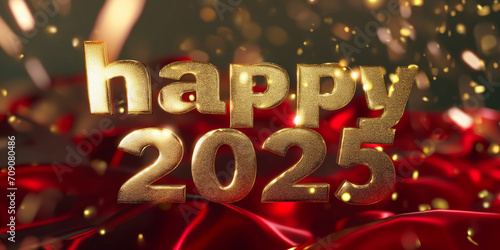 Jahreswechsel 2025 in rot mit goldenen Zahlen im Querformat für Banner, ai generativ