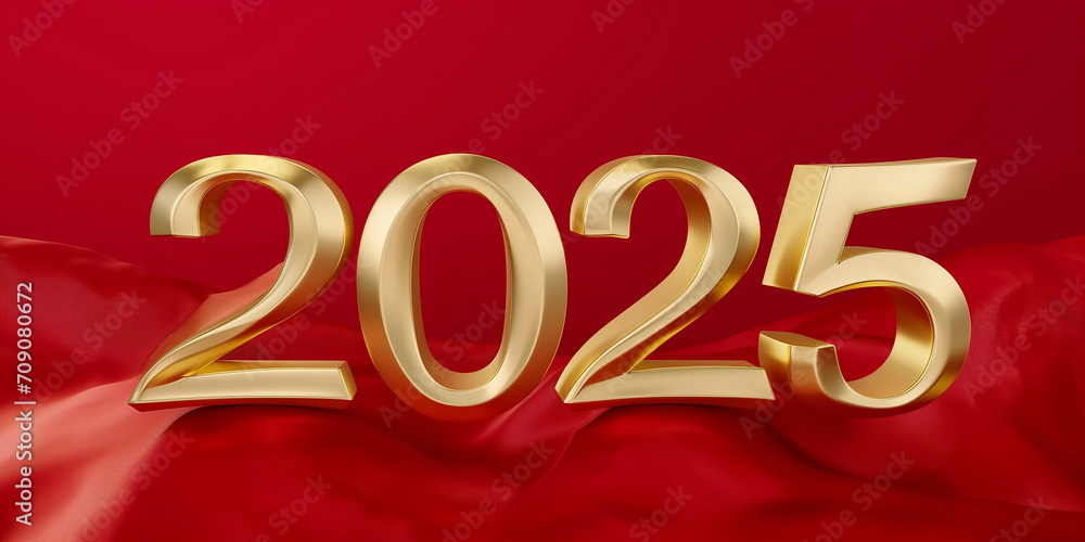 Jahreswechsel 2025 in rot mit goldenen Zahlen im Querformat für Banner, ai generativ Stock