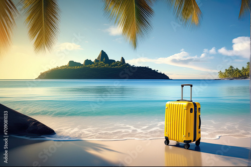 A yellow suitcase on a tropical beach is a trip to the sea in a warm summer climate, a vacation tour. Copy space, mock up.  © Ольга Симонова