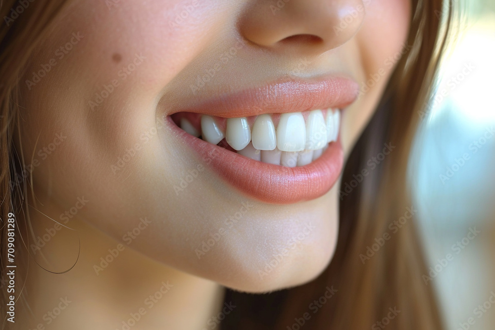 Obraz premium Girl with beautiful white teeth, oral hygene concept