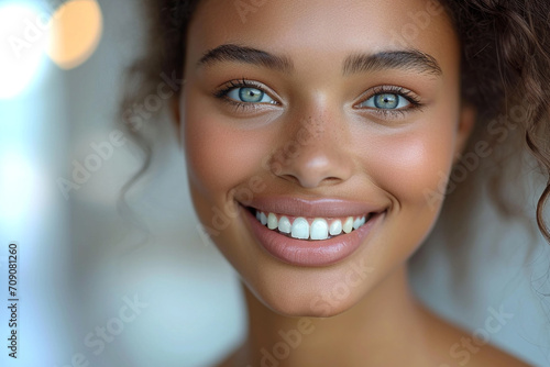 Beautiful african american woman face close up teeth smile happy positive