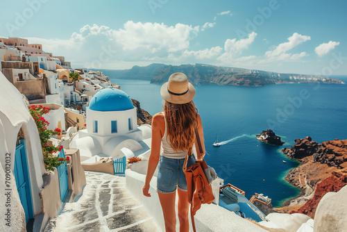 Attractive young female tourist exploring a new city. A girl against the backdrop of the sea and a beautiful old city. Euro-trip. Travel concept. Tourist.Travel. Travel agency. photo