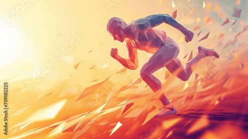 concept of successful or complete achievement, graphic of low poly athlete running to win 