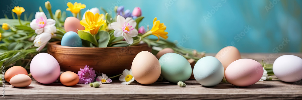 Multicolored Easter eggs on the table with spring flowers - Easter banner with a space for text Multicolored Easter eggs on the table with spring flowers - Easter banner with a space for text