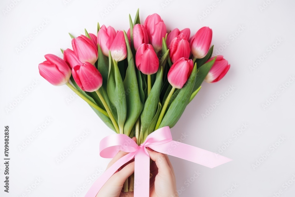 Obraz premium Valentines day concept, bouquet of tulips in hands