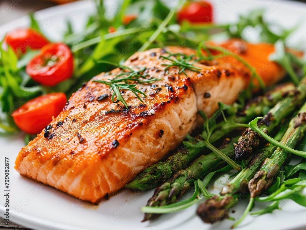 Salmon Delight: Herbed Fillet with Asparagus and Cherry Tomatoes on a Pristine Plate Salmon Delight: Herbed Fillet with Asparagus and Cherry Tomatoes on a Pristine Plate
