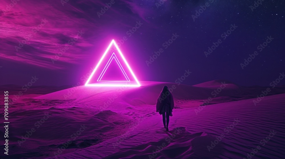 Modern futuristic neon abstract background. Large triangle glowing purple object in the center of sand dune and lonely woman silhouette walking in the desert. Dark scene with neon light star gate    - obrazy, fototapety, plakaty 