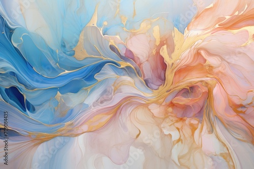 luxury suminagashi backdrop. marble liquid alcohol ink in gold and sky blue colors photo