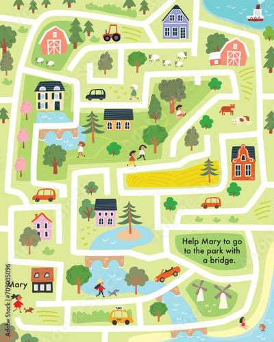 Vector child labyrinth with town symbols for baby, babies. Children maze illustrated with cars, houses, buildings, trees, streets. City easy simple drawing map.
