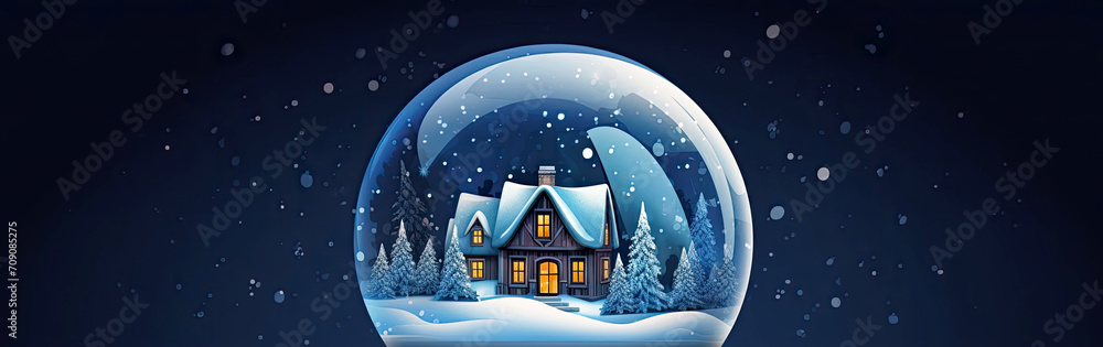 Magical glass ball with tiny modern cozy winter house inside on dark background. Snow globe, illustration. Insurance, moving, mortgage, rent and purchase real estate. 