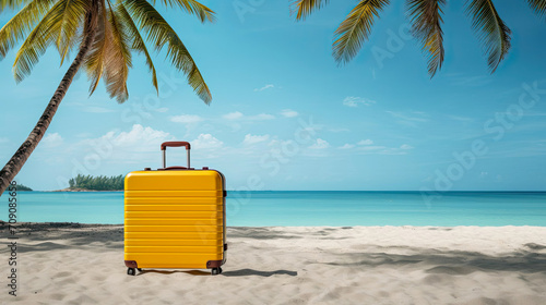 A yellow suitcase on a tropical beach is a trip to the sea in a warm summer climate, a vacation tour. Copy space, mock up © Ольга Симонова
