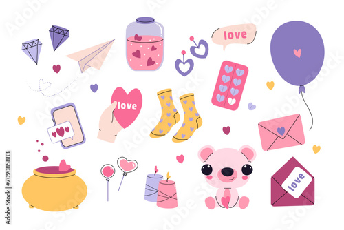 Valentine's Day elements set. Different romantic objects. Vector illustration