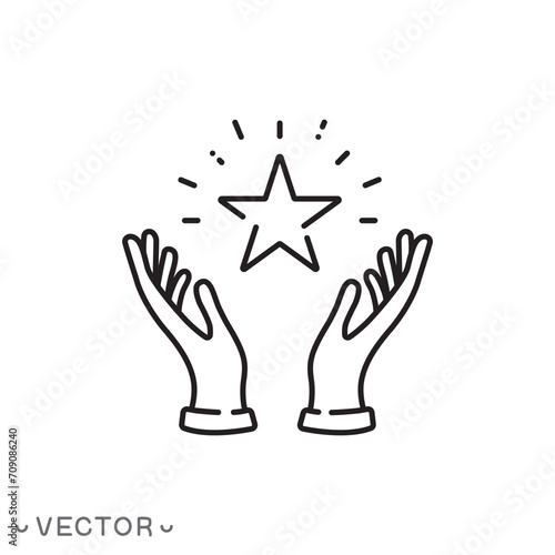 star in the hands icon, outline high reward, status good quality, star shine, thin line isolated symbol on white background, editable stroke eps 10 vector illustration