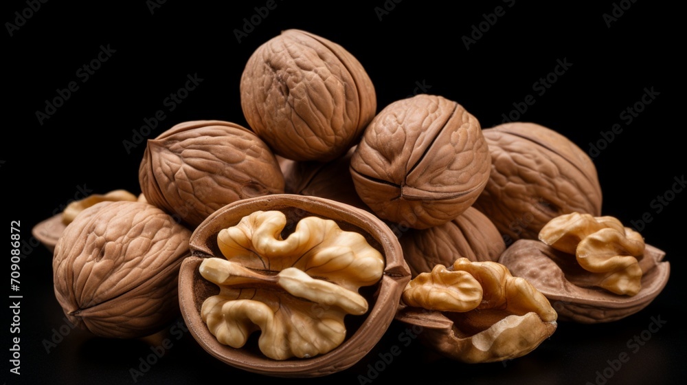 Walnuts black backdrop single nuts - Generative AI Walnuts black backdrop single nuts - Generative AI