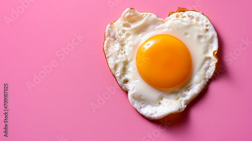 Heart shaped fried egg in pink background. 