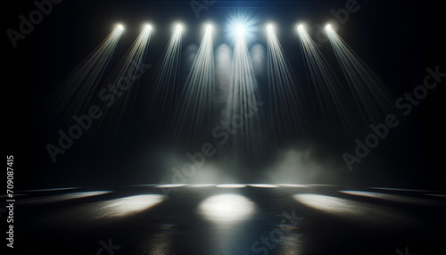 A wide cinematic shot of an empty stage with atmospheric lighting. The background features a dark black textured wall, illuminated by spotlights radia generative AI 