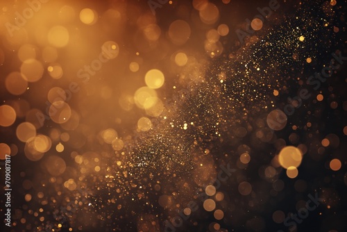 blurry golden bokeh particles on black background with light leaks
