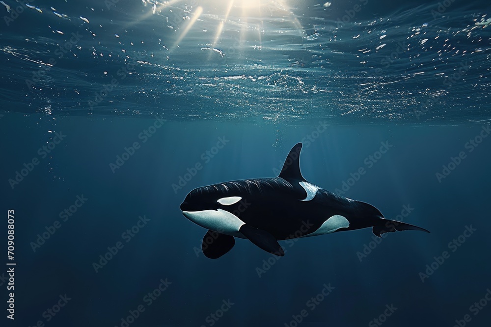 a orca fish or killer whale swimming on under water of sea - obrazy, fototapety, plakaty 