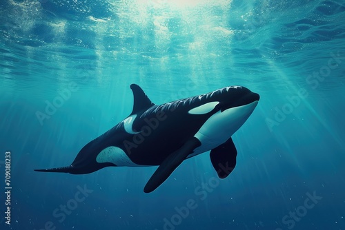 a orca fish or killer whale swimming on under water of sea