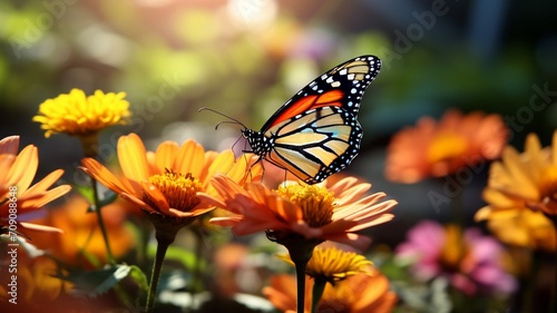 The intricate details of a butterfly perched on a vibrant, blooming flower in a garden. -Generative Ai © Online Jack Oliver