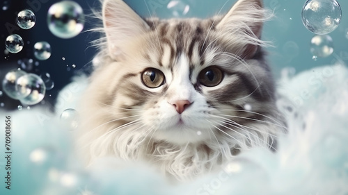 Cat kitten grooming washing shower clean service for pets, animals, foam shampoo bubbles banner 