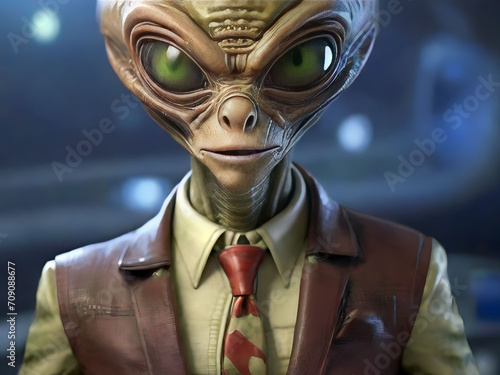 A funny green-eyed alien in a leather jacket and tie. © MrBaks
