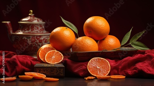 Concept image of the lunar new year. mandarin orange, jam and red packet. generative AI photo