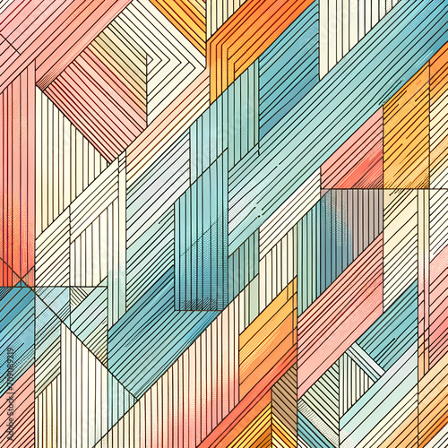 An artistic line drawing interpretation of a colorful abstract background featuring diagonal stripes in a soft pastel palette, ranging from pale blue generative AI