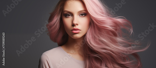 A gorgeous woman's hair is dyed in a Ombre style, in the style of anthracite, gradient, on gray background.
 photo