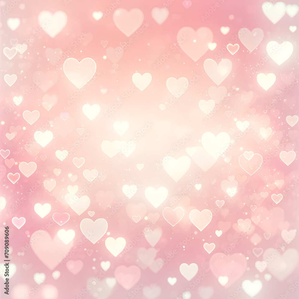 A soft, pastel pink background filled with translucent hearts in various sizes, creating a bokeh effect for a dreamy and gentle atmosphere. The hearts generative AI