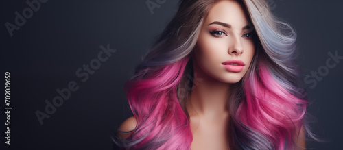 A gorgeous woman's hair is dyed in a Ombre style, in the style of anthracite, gradient, on gray background. 