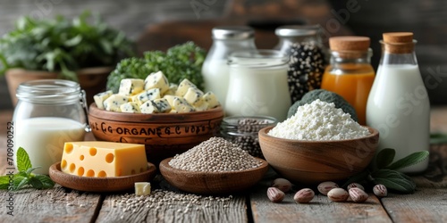 Fermented products and a bottle of milk with cottage cheese on the background of a wooden countertop and a counter with the inscription  Organic . Concept  eco healthy food for diet menu. 