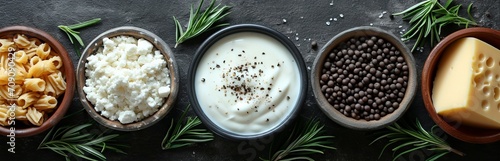 A row of ceramic bowls with various kitchen ingredients, including pasta, yogurt with chia seeds, black beans and a piece of cheese, on a dark background with rosemary branches photo