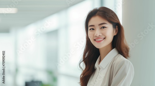 Beautiful young Japanese woman in the office and smiling. Portrait of a successful happy business women 