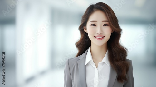Beautiful young Japanese woman in the office and smiling. Portrait of a successful happy business women 