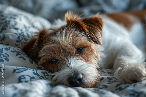 Jack Russell Terrier lies on the bed, sleeps.
