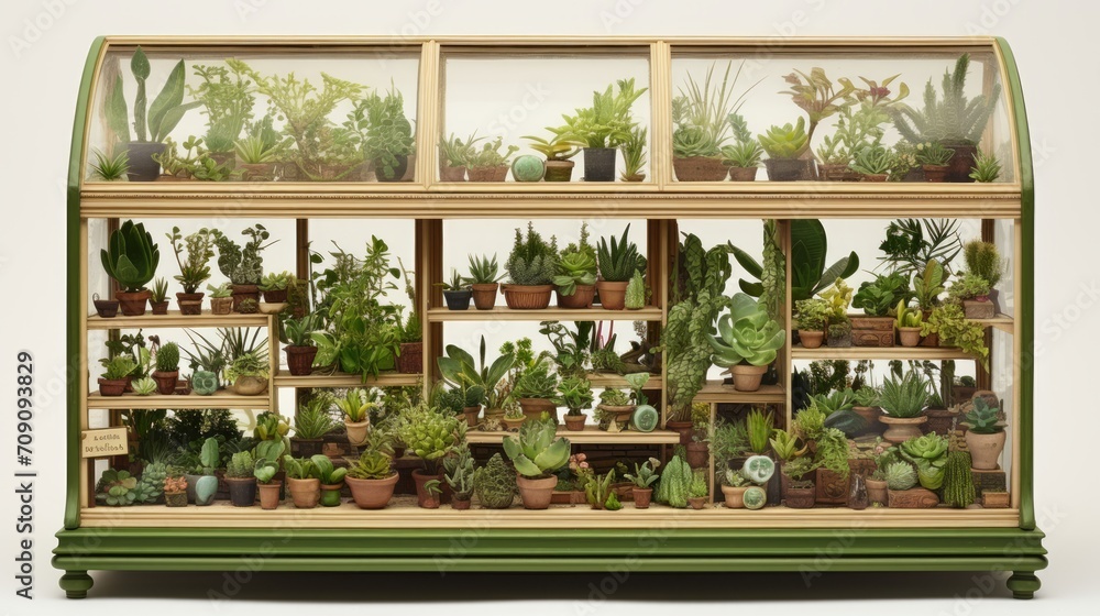 Detailed miniatures showcasing a botanical garden with rare plant species, illustrated in a grocery art style emphasizing ecological preservation. Generative AI