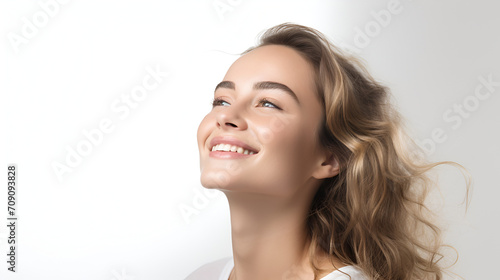 Smiling woman looking on white background generated AI