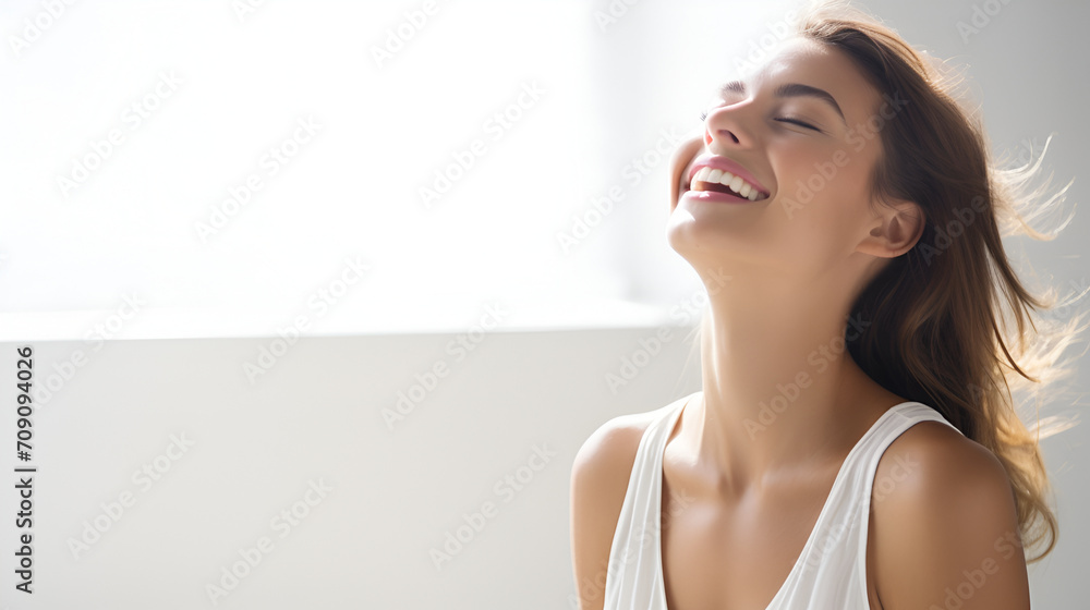 Smiling woman looking on white background generated AI Smiling woman looking on white background generated AI