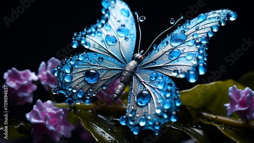The intricate patterns on the wings of a butterfly perched on a dew-covered flower -Generative Ai © Online Jack Oliver