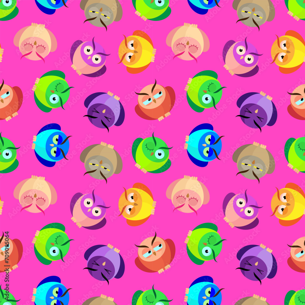 Beautiful bright multi-colored owls on a pink background. Print, seamless pattern, vector illustration Beautiful bright multi-colored owls on a pink background. Print, seamless pattern, vector illustration