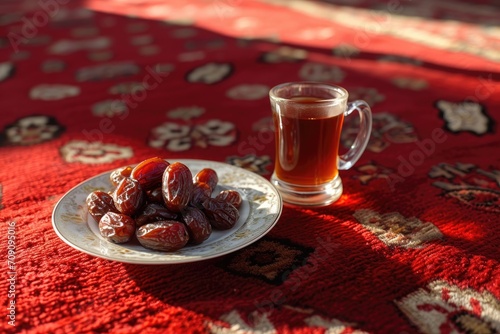 dates fruits and cup tea sweet for breaking the fasting when ramadan month on red carpet arabian  photo