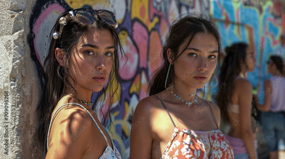 Portrait of two young girls on the background of graffiti wall.