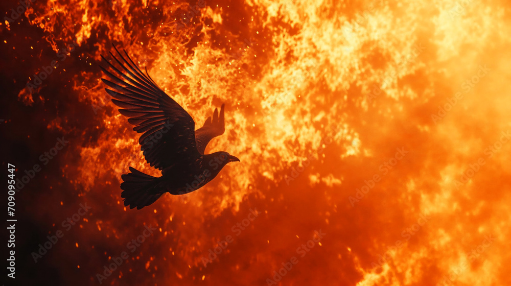 Fototapeta premium Silhouette of a dove against the background of fire.