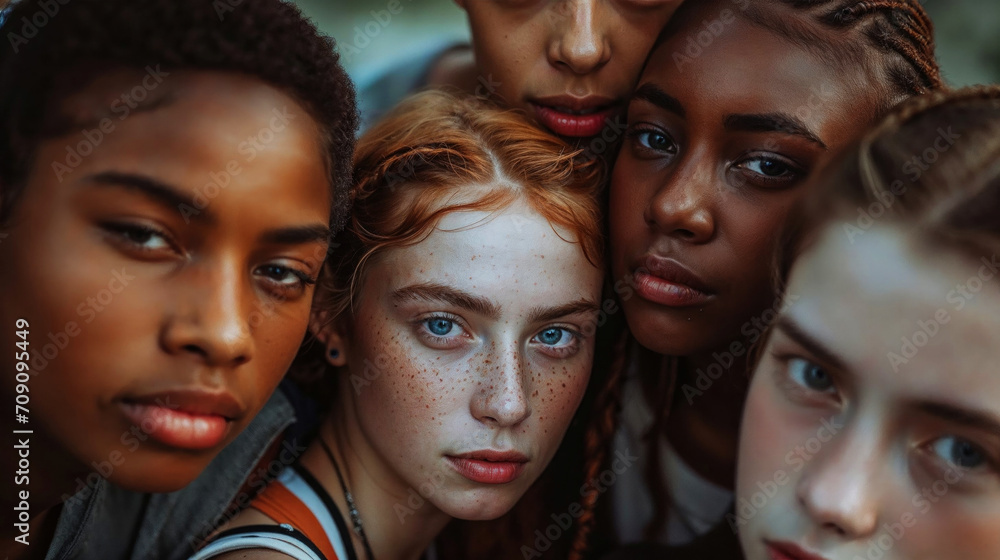 Portrait of group of multiethnic young people standing together and looking at camera. Portrait of group of multiethnic young people standing together and looking at camera.