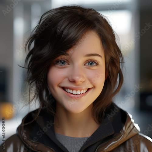 portrait of young happy woman looks in camera