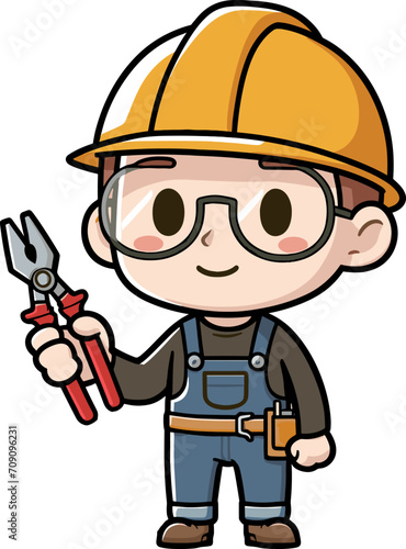 Man with Safety Helmet Holding Pliers - Vector Illustration