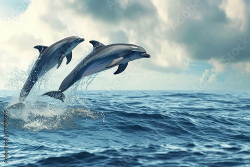 Herd of dolphins leap or jump from water of sea surface 