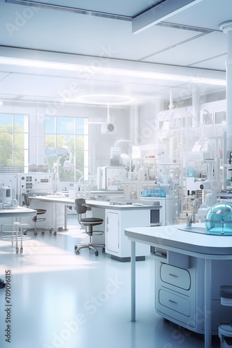 Spacious and well-equipped scientific medical investigation laboratory room with a sleek modern design, featuring workstations and medical equipment