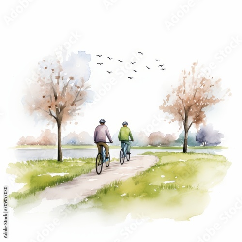 Aquarell eines Frühlingsausflugs mit dem Fahrrad durch eine farbenfrohe Landschaft Illustration photo